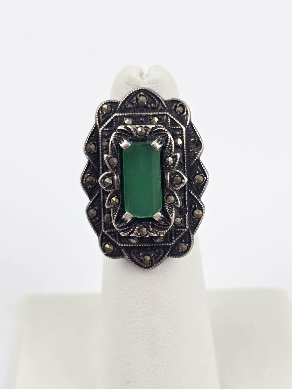 Art Deco Sterling Silver Marcasite & Green Chrysoprase Stone Ring Size 5